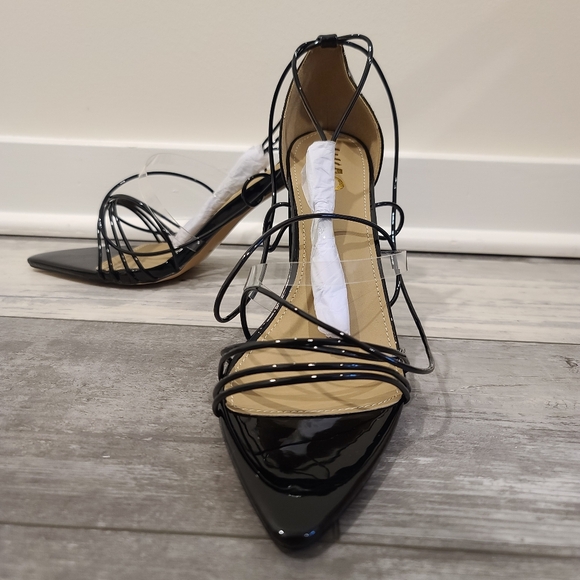 EGO LaceUp Pointed Toe Block Heel w/ Clear Perspex Strap, Black Patent U… - Picture 1 of 7